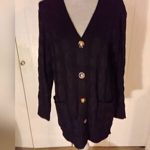 NWTB Womens ORANGE SUNSET Black 5 Button Sweater, Size L.